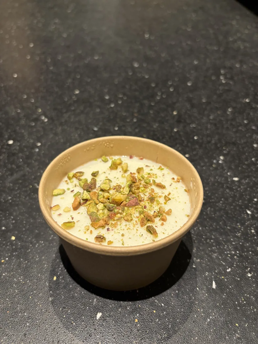 Real The Hungry Odin mastic pudding topped with pistachios